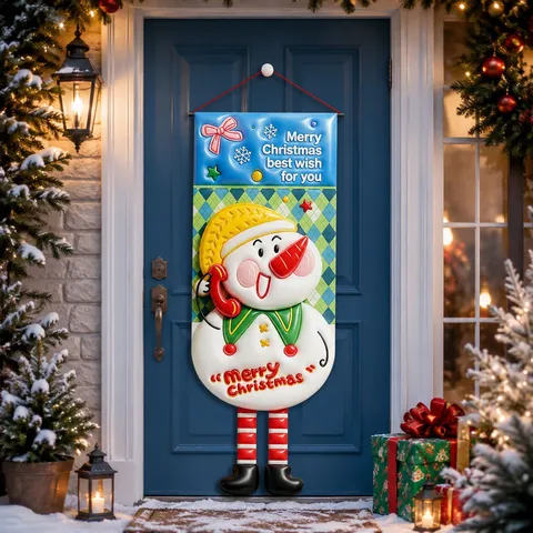 Christmas Cartoon Santa Claus Elk Hanging Banner Polyester Fabric 3D Pattern Ornament Backdrop Wall Window Door Party Decoration