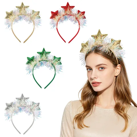 New Year Party Star Headband Festive Starry Tinsel Hair Band Gold Silver Pentagram Christmas Headwear For Birthday Party Decor Women Kids