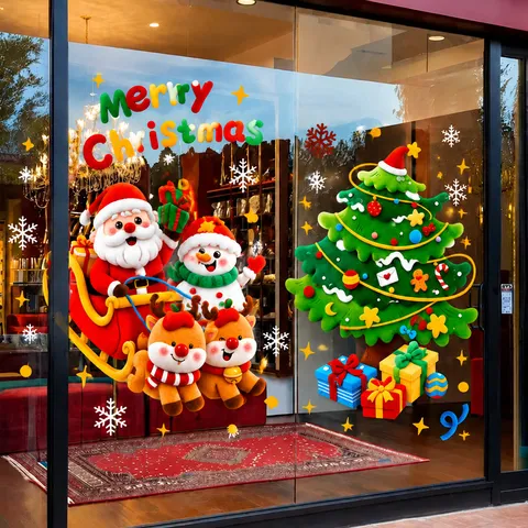 Cartoon Christmas Window Static Sticker Santa Claus Tree Snowman Pattern Electroplated Removable Glass Door Sticker Party Decoration Home Wall Art Decal