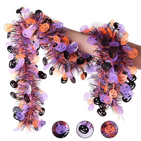Halloween Pumpkin Tinsel Garland Black Orange Purple Ribbon Hanging Streamer Tinsel Banner Festive Party Venue Decoration Props
