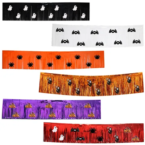 Halloween Cartoon Sticker Metallic Tinsel Fringe Banner Ghost Pumpkin Spider Foil Curtain Party Atmosphere Layout Prop Garland