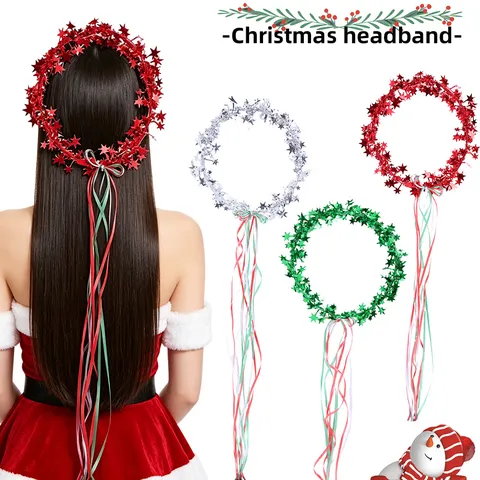 Diadema de Estrella de Navidad Rojo Verde Plata Borla Cinta Navidad Pentagrama Guirnalda Fiesta Tocado Accesorios de Fotografía Decoración