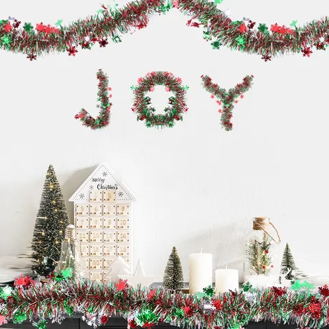 Christmas Tinsel Garland Red Silver Green Mixed Snowflake Thickened Streamer Ribbon Hanging Ornament For Xmas Party Home Decoration