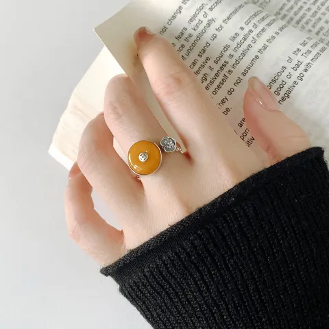 Vintage 999 Fine Silver Open Ring For Women Thai Silver Honey Amber Inlaid Ruyi Coin Pattern Ethnic Style Adjustable Ring Jewelry Gift