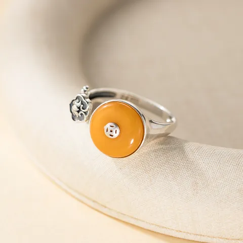 Vintage 999 Fine Silver Open Ring For Women Thai Silver Honey Amber Inlaid Ruyi Coin Pattern Ethnic Style Adjustable Ring Jewelry Gift
