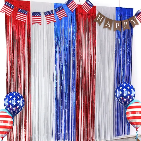 Metallischer Folienfransen Vorhang Rot Weiß Blau Lametta Streamer Türvorhang Für Unabhängigkeitstag Patriotische Party Hintergrund Dekoration