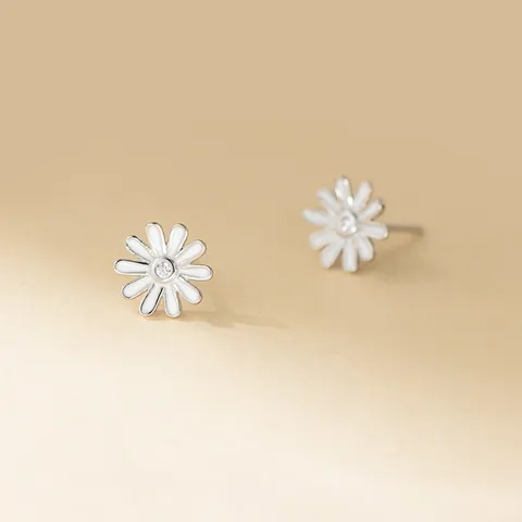 S925 Sterlingsilber Gänseblümchen Ohrstecker Für Damen Weiß Emaille Süß Floral Strass Eingelegt Niedlich Landhaus Schmuck