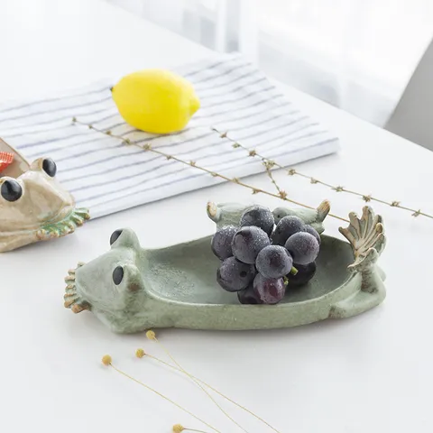 Creative Ceramic Frog Ornament Cute Fruit Plate Living Room Desktop Decor Green Glazed Animal Figurine Home Decoration