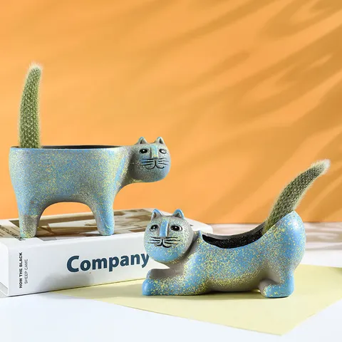 Cute Cartoon Cat Ceramic Flower Pot Retro Desktop Green Plant Potted Succulent Planter Home Office Decor
