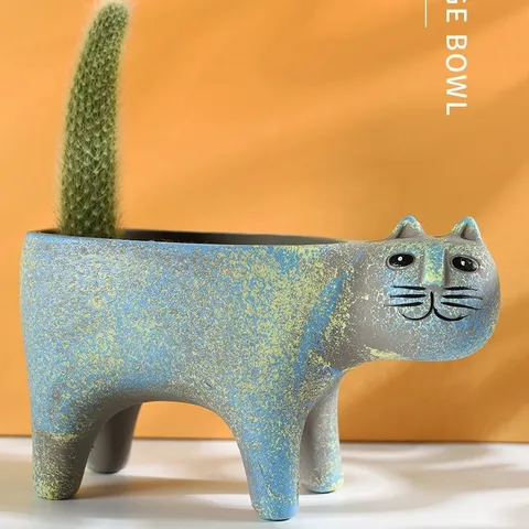 Cute Cartoon Cat Ceramic Flower Pot Retro Desktop Green Plant Potted Succulent Planter Home Office Decor