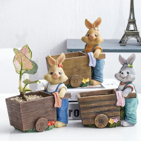 Cartoon Resin Rabbit Flower Pot Cute Animal Planter Succulent Plant Pot Desktop Ornament Home Garden Balcony Decor