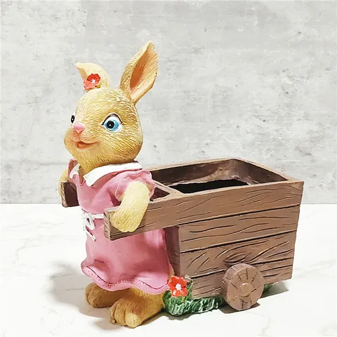 Cute Cartoon Rabbit Resin Flower Pot Creative Pushcart Animal Planter Bunny Plant Pot For Garden Yard Home Decor