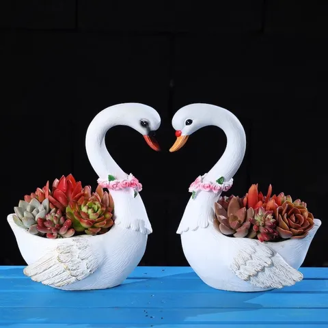 Resin Swan Succulent Planter Creative Cartoon Animal Flower Pot Cute Desktop Ornament Home Garden Decoration