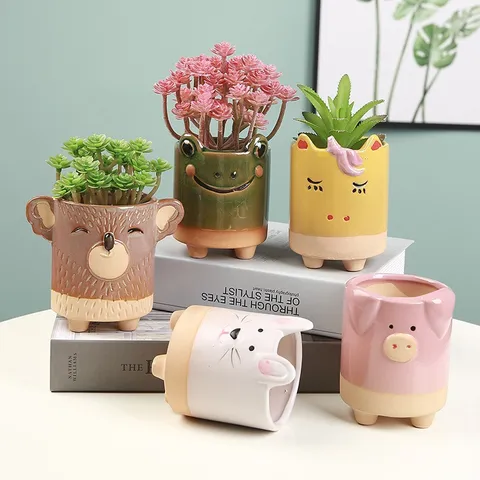 Cute Cartoon Animal Ceramic Flower Pot Succulent Plant Pot Desktop Ornament Cute Home Decor Planter Pot