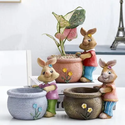 Cute Cartoon Rabbit Succulent Flower Pot Resin Animal Plant Container Desktop Home Decor Planter Gardening Pot