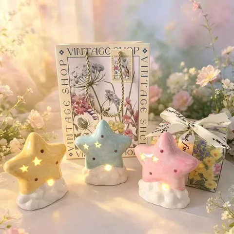 Cute Ceramic Star Night Light Desk Decoration Cartoon Cloud Bedside Warm Lamp Birthday Gift For Women Girls