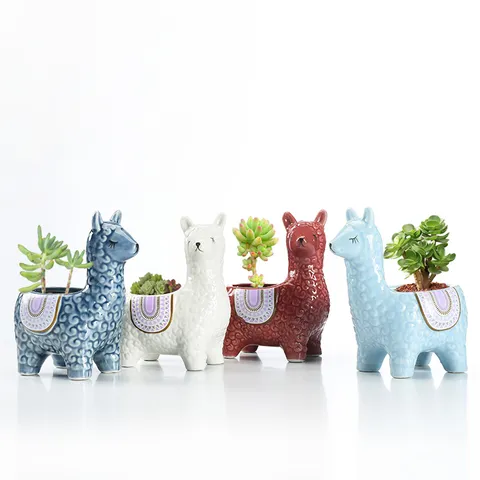Cute Cartoon Alpaca Ceramic Succulent Flower Pot Nordic Creative Desktop Plant Container Cute Animal Flowerpot Home Decor