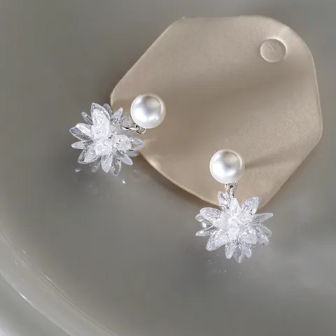 S925 Sterlingsilber Ohrstecker Eis Kristall Blume Künstliche Perle Ohrringe Elegant Koreanischer Stil Strass Schmuck Für Damen