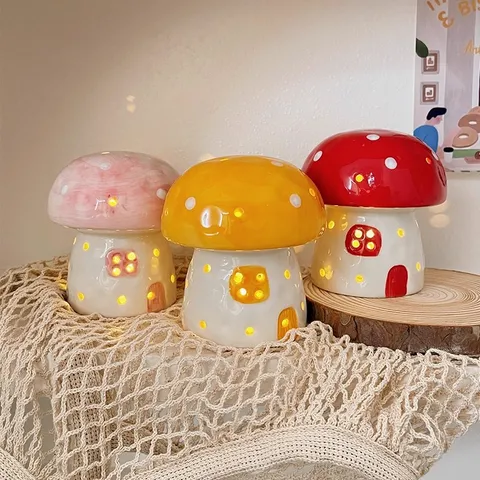 Cute Ceramic Mushroom Night Light Cartoon Table Lamp Bedside Decorative Ornament Creative Birthday Gift For Kids Girls