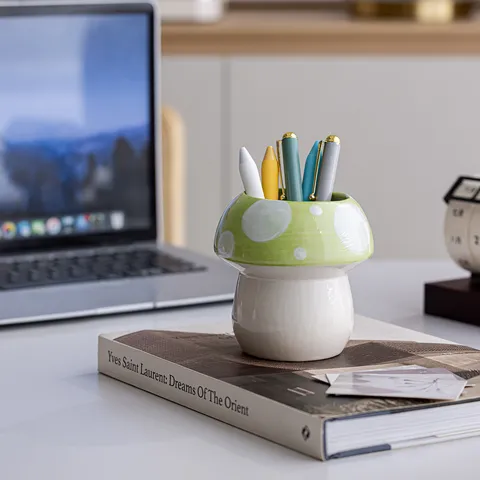 Cute Ceramic Mushroom Pen Holder Desktop Decor Creative Ornament Makeup Brush Holder Storage Container Aesthetic Room Decor