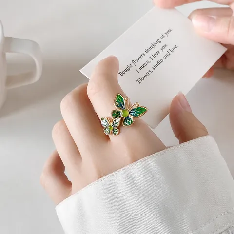 S925 Sterling Silver Vintage New Chinese Style Green Enamel Butterfly Nephrite Jade Open Adjustable Ring Jewelry Gift For Women