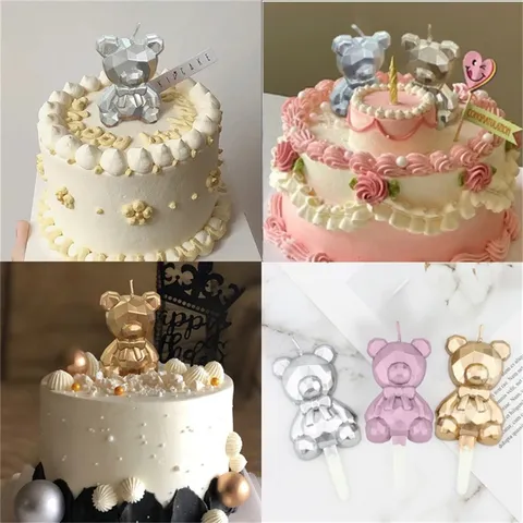 Creative Diamond Bear Birthday Candle Cute Geometric Animal Shaped Cake Decoration For Kids Party Baby Shower