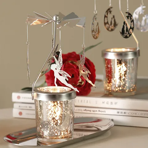 Portavelas Giratorio de Metal Carrusel Conjunto de Bandeja de Velas de Aromaterapia Ambiente Romántico Cena a la Luz de las Velas Adorno de Mesa Regalo