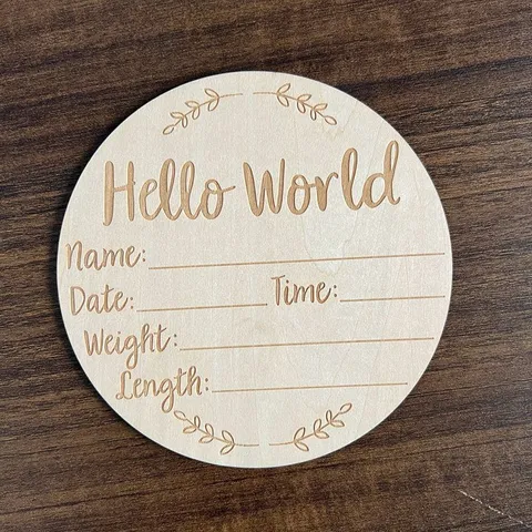 Wooden Baby Birth Announcement Sign Hello World Newborn Photography Prop Milestone Wooden Disc Baby Shower Gift