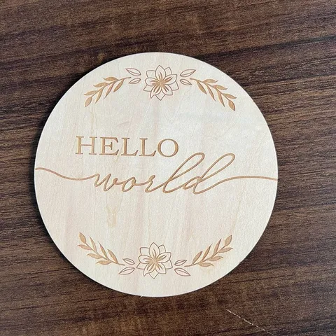 Wooden Baby Birth Announcement Sign Hello World Newborn Photography Prop Milestone Wooden Disc Baby Shower Gift