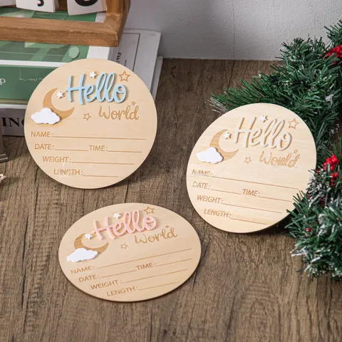Cute Basswood Hello World Baby Birth Announcement Board Newborn Milestone Wooden Disc Photography Prop With Stand