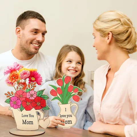 Decoración de Mesa de Madera para el Día de la Madre Adorno de Puzzle Floral Calado Madera de Pino Grabado Láser Hogar