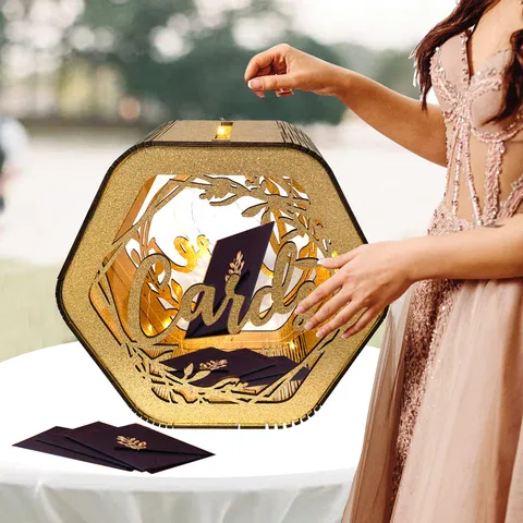 DIY Wooden Wedding Card Box Hollow Gift Card Holder Money Box with Lock for Wedding Party Reception Decor
