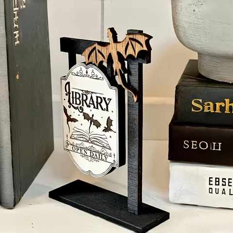 Ornement de Bureau de Décoration d'Étagère de Signe de Bibliothèque de Dragon de Chauve-souris 3D en Bois Vintage