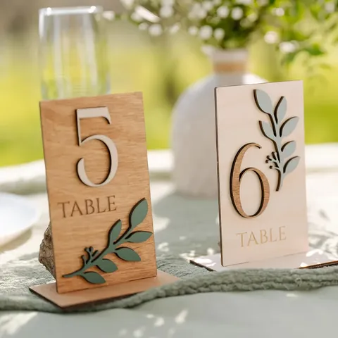 Rustiek Houten Tafelnummer Bord Set Saliegroene Blad Decor Tafelstukken Voor Moderne Bruiloft Feest Decor