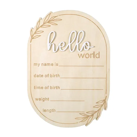 Targa di Annuncio di Nascita per Neonato in Legno Hello World Placca Milestone Decorazione Rustica per Stanza Accessorio Fotografico