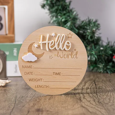 Cute Basswood Hello World Baby Birth Announcement Board Newborn Milestone Wooden Disc Photography Prop With Stand