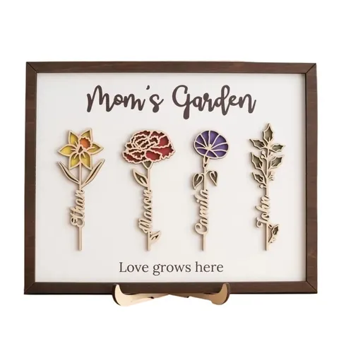 Ornement Décoratif en Bois de Rose pour Fête des Mères Cadre Photo Personnalisé de Fleurs de Naissance de Famille Cadeau pour Maman
