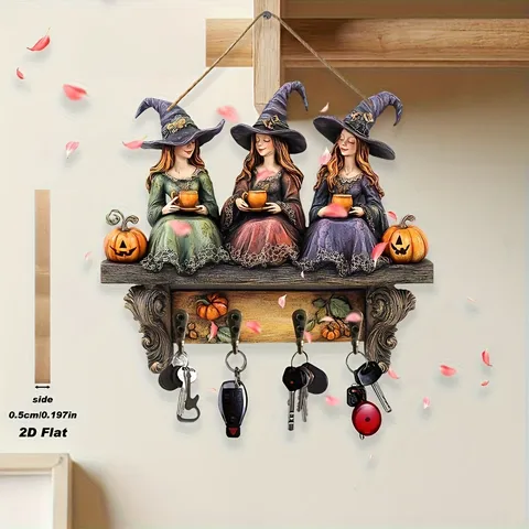 Halloween Wooden Hanging Sign Witch Wall Decor Key Holder With Hooks Festival Home Party Decoration Ornament