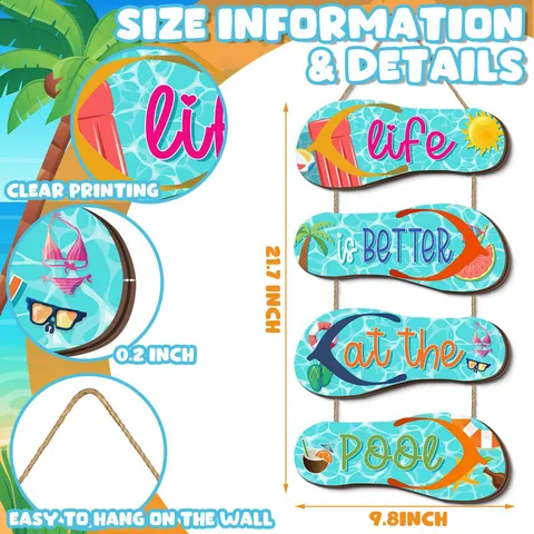 Wooden Summer Flip Flop Hanging Wall Decor Pool Beach Theme Hanging Wooden Sign Board For Home Room Decoration