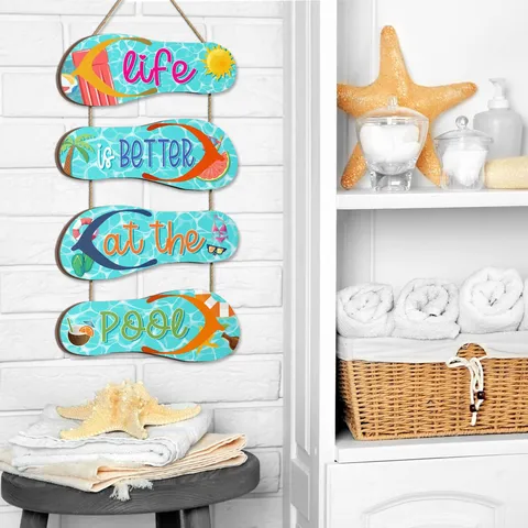 Wooden Summer Flip Flop Hanging Wall Decor Pool Beach Theme Hanging Wooden Sign Board For Home Room Decoration
