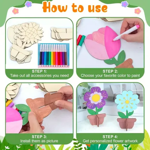 Niños DIY Maceta de Madera Pintura Kit de Manualidades Juguetes Educativos Infantiles con Rotuladores de Acuarela y Pegatinas de Diamantes
