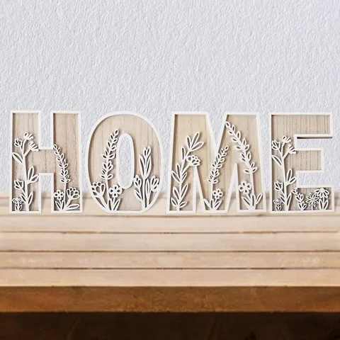 Wooden Decorative Carved Letter Desktop Ornament Hollow Floral Pattern Natural Wood Style Home Office Decor Gift