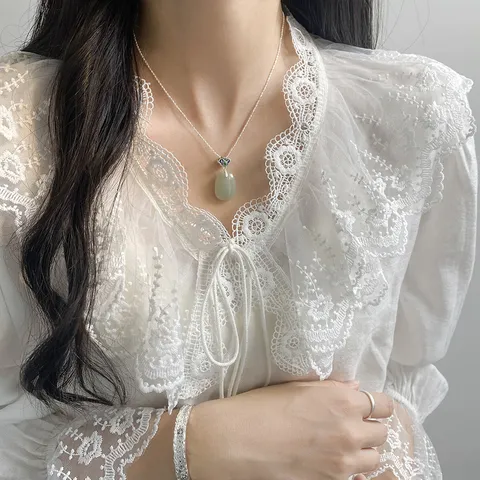 S925 Sterling Silver Pendant Only (Without Chain) Oval Green Jade Thai Silver Retro Auspicious Cloud New Chinese Style Jewelry For Women
