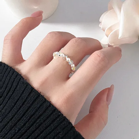 Minimalist Ins Style Austrian Crystal Artificial Pearl Beaded Ring Iridescent Faceted Beads Small Design Ring For Women R03162