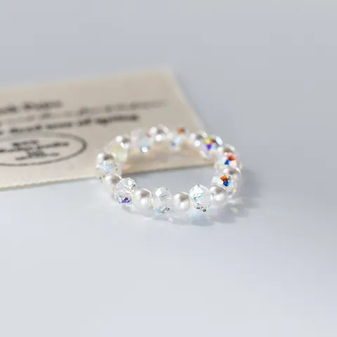 Minimalist Ins Style Austrian Crystal Artificial Pearl Beaded Ring Iridescent Faceted Beads Small Design Ring For Women R03162