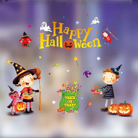 Halloween Window Clings Cartoon Pumpkin Witch Ghost Bat Static Sticker For Glass Window Party Decoration Decal PVC