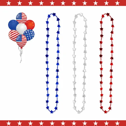 Patriotic Independence Day Star Necklace Red Silver Blue Electroplated Plastic Bead Chain Party Favors For July Fourth Decor