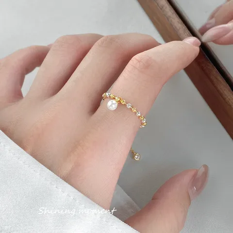 Anillo Abierto de Plata de Ley S925 Bicolor con Cuenta de Corte de Diamante para Mujer Anillo Ajustable de Cadena con Perla Artificial