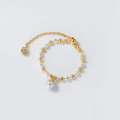 Anillo Abierto de Plata de Ley S925 Bicolor con Cuenta de Corte de Diamante para Mujer Anillo Ajustable de Cadena con Perla Artificial