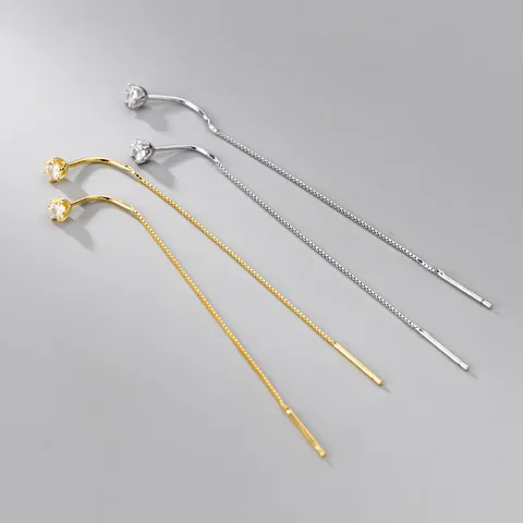 S925 Sterling Silver Minimalist Single Rhinestone Ear Line Earrings Long Box Chain Tassel Earrings For Women Fashion Jewelry